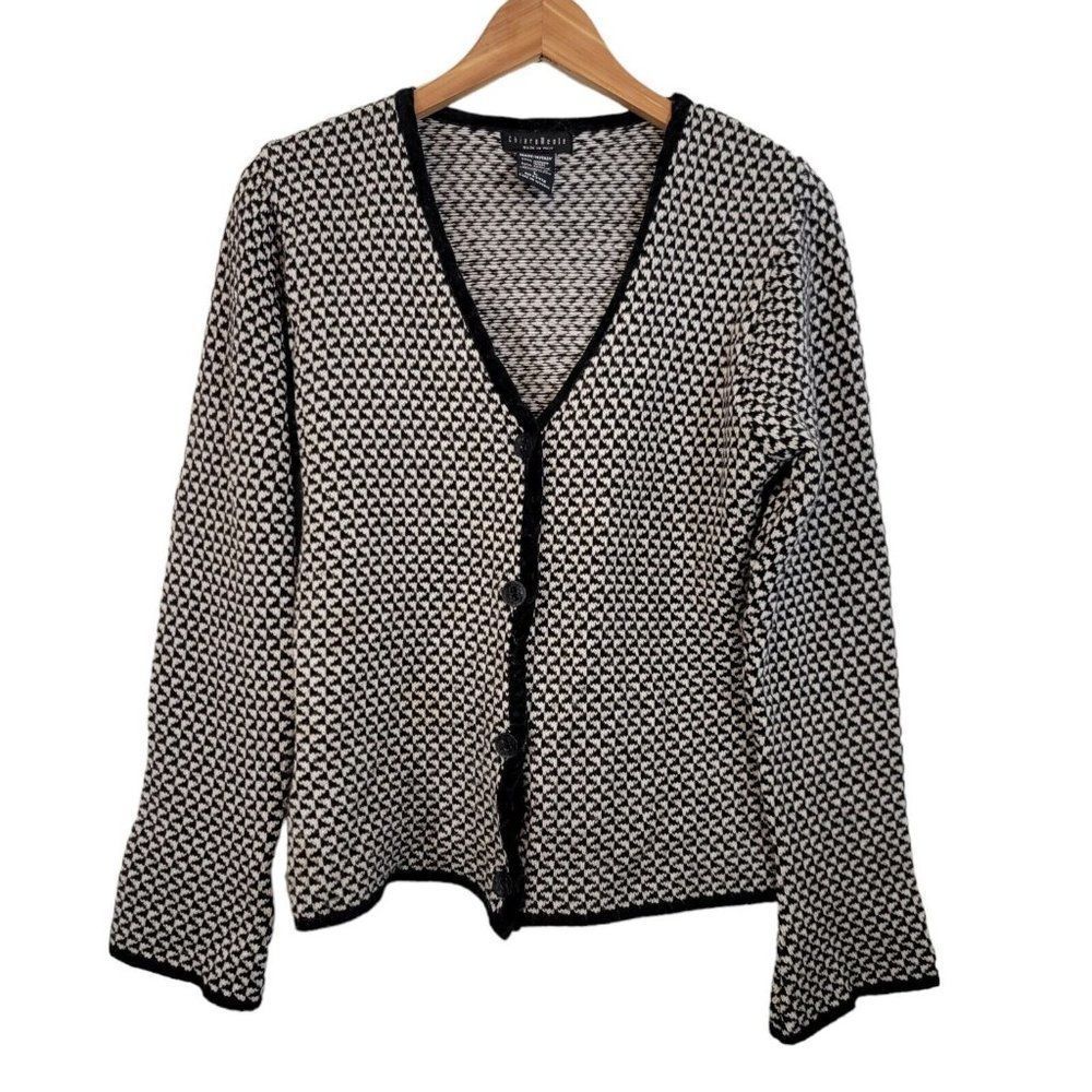 CHIARAMENTE Sweater Womens Sz L Wool Blend Cardigan Button Black/White Italy